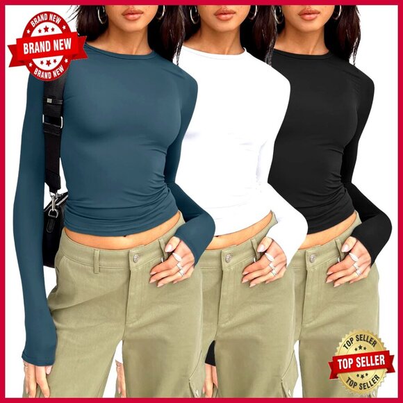 Tops - 3-Pack Long Sleeve Crop Tops Fitted Athletic Stretch T-Shirts Set